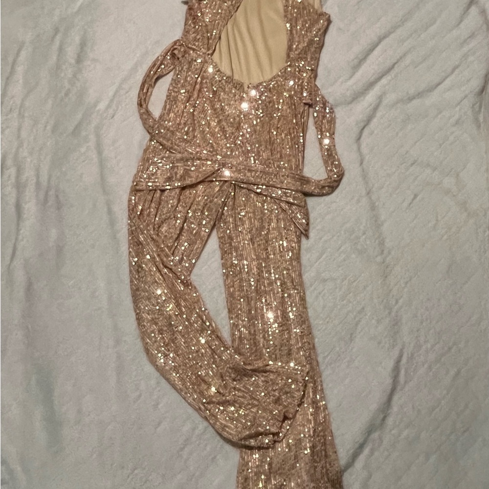 Ladies lined Jumpsuit Bronze color flare legs w/ tie sash - Picture 9 of 15